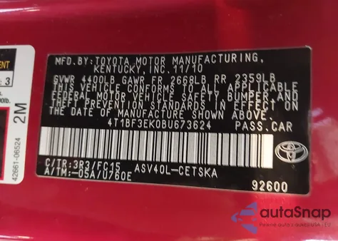 2011 Toyota Camry Se из США, поврежденный, VIN 4T1BF3EK0BU673624